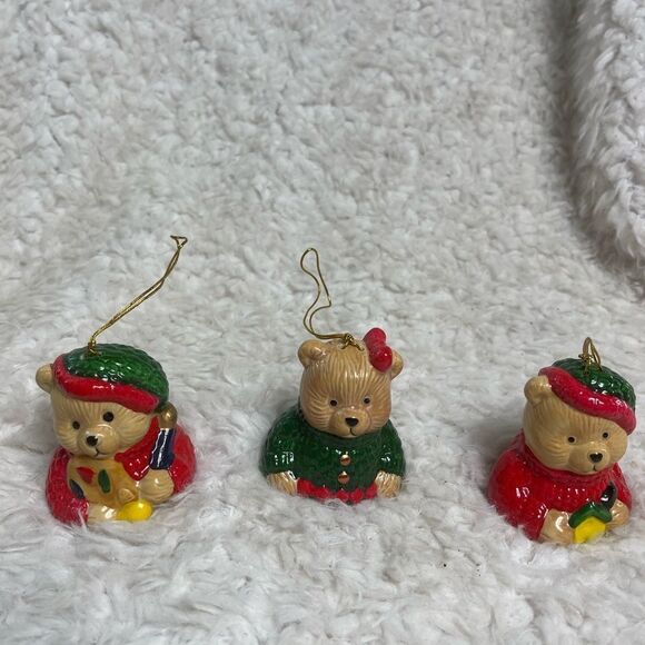 New in Box set of 3PC  ceramic Bear Bell Ornament Red ,Green & Tan colors - Picture 2 of 12